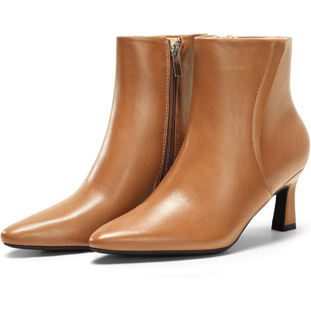 Women's Brown Ankle Boots Kitten Heel Pointed Toe Side Zipper Winter Dress Shoes